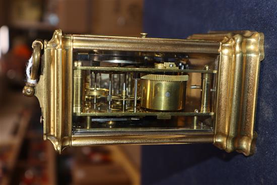 A French brass carriage clock by Ellis of Exeter and Paris, No. 905, lower platform escapement movement with push repeat and key height